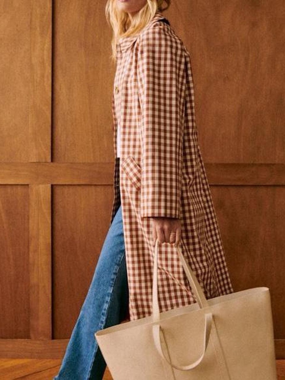 Sézane Clyde Trench Coat - Gingham Brown / Ecru - Picture 6 of 7